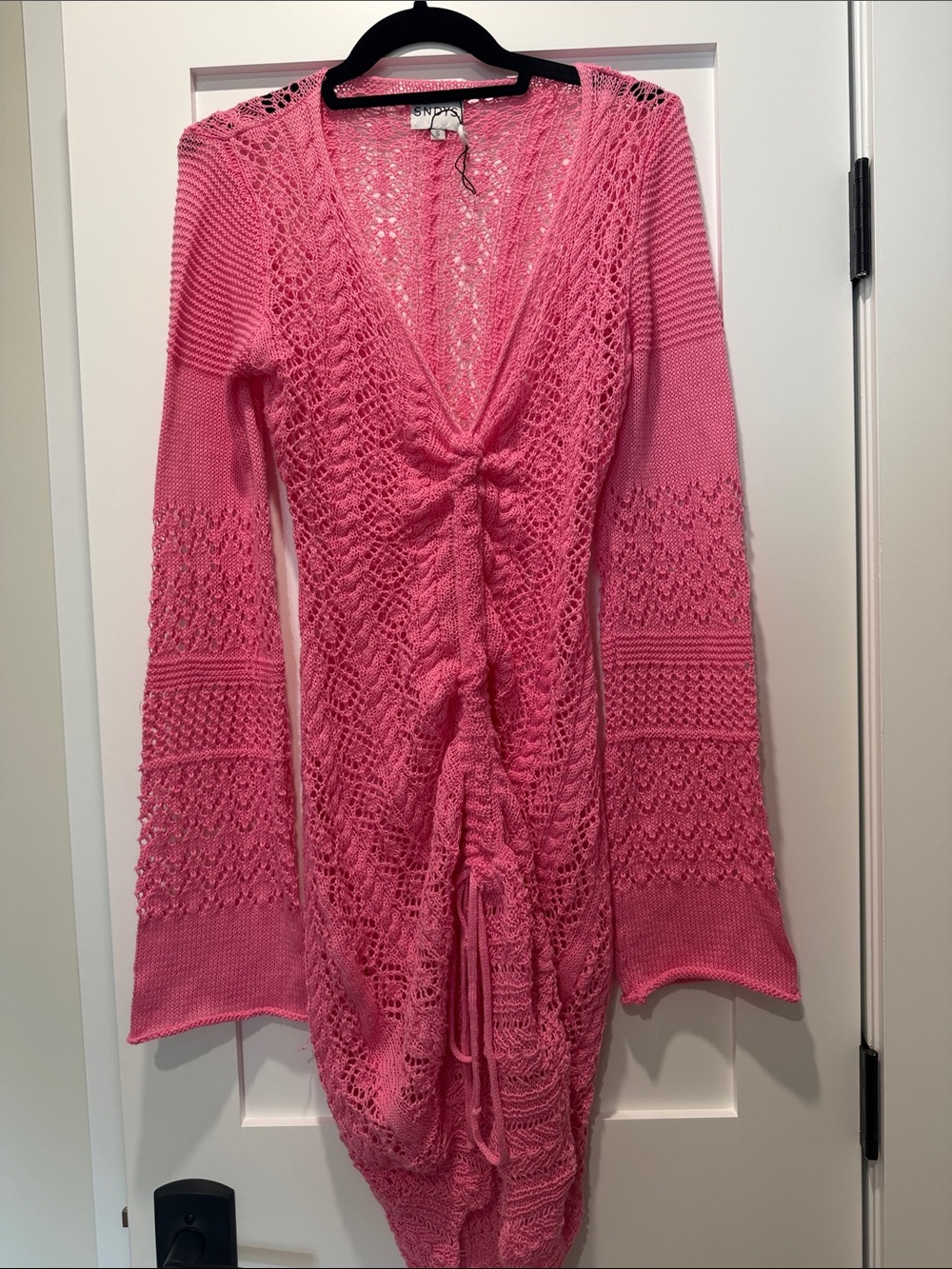 Pink Crochet Knit Swim Coverup with Tie Front